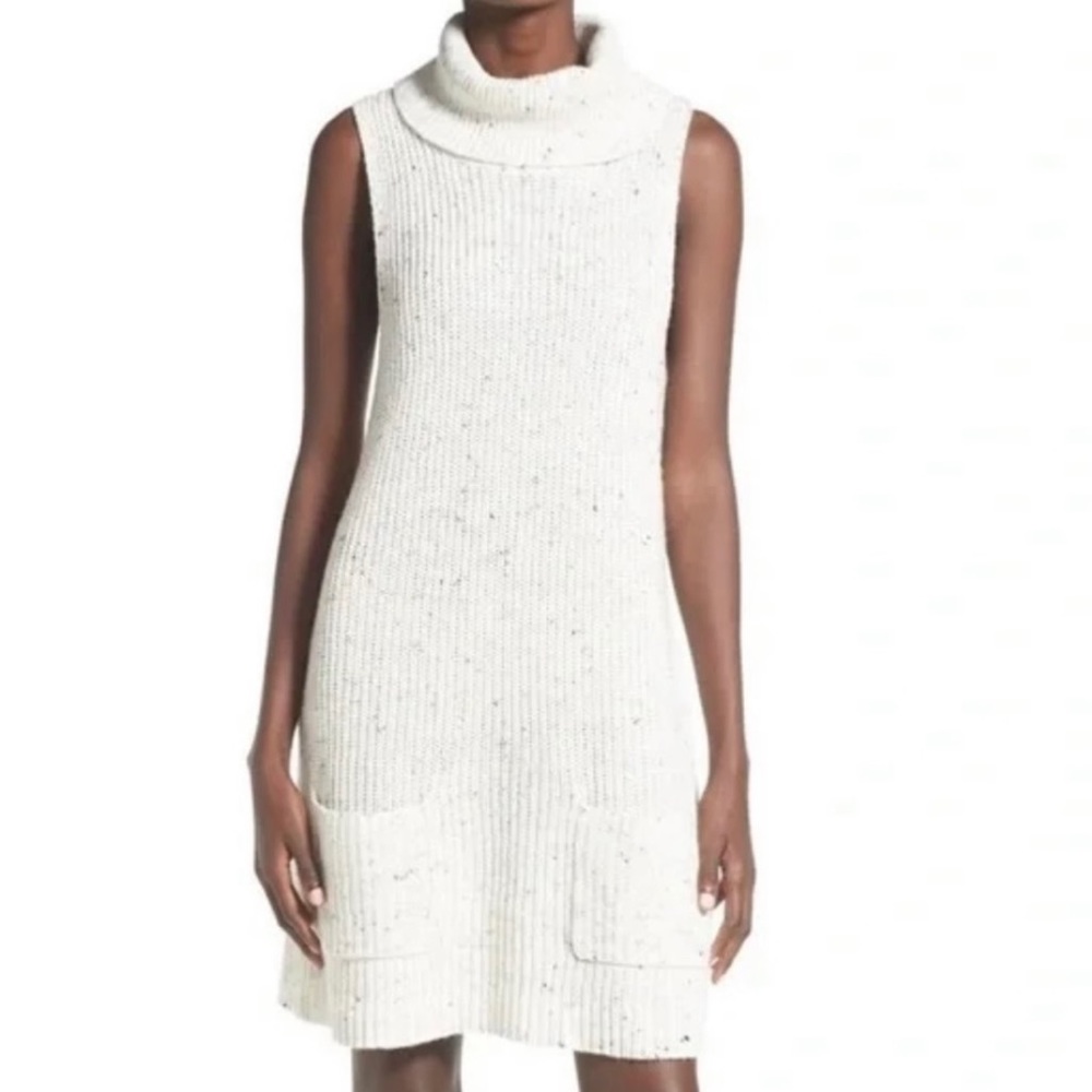 NWT Leith white blue speckled sleeveless cowl neck sweater dress pockets new